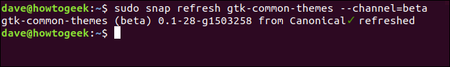 The "sudo snap refresh gtk-common-themes --channel=beta" command in a terminal window.