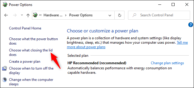 Launching the "Choose what closing the lid does" settings from Power Options