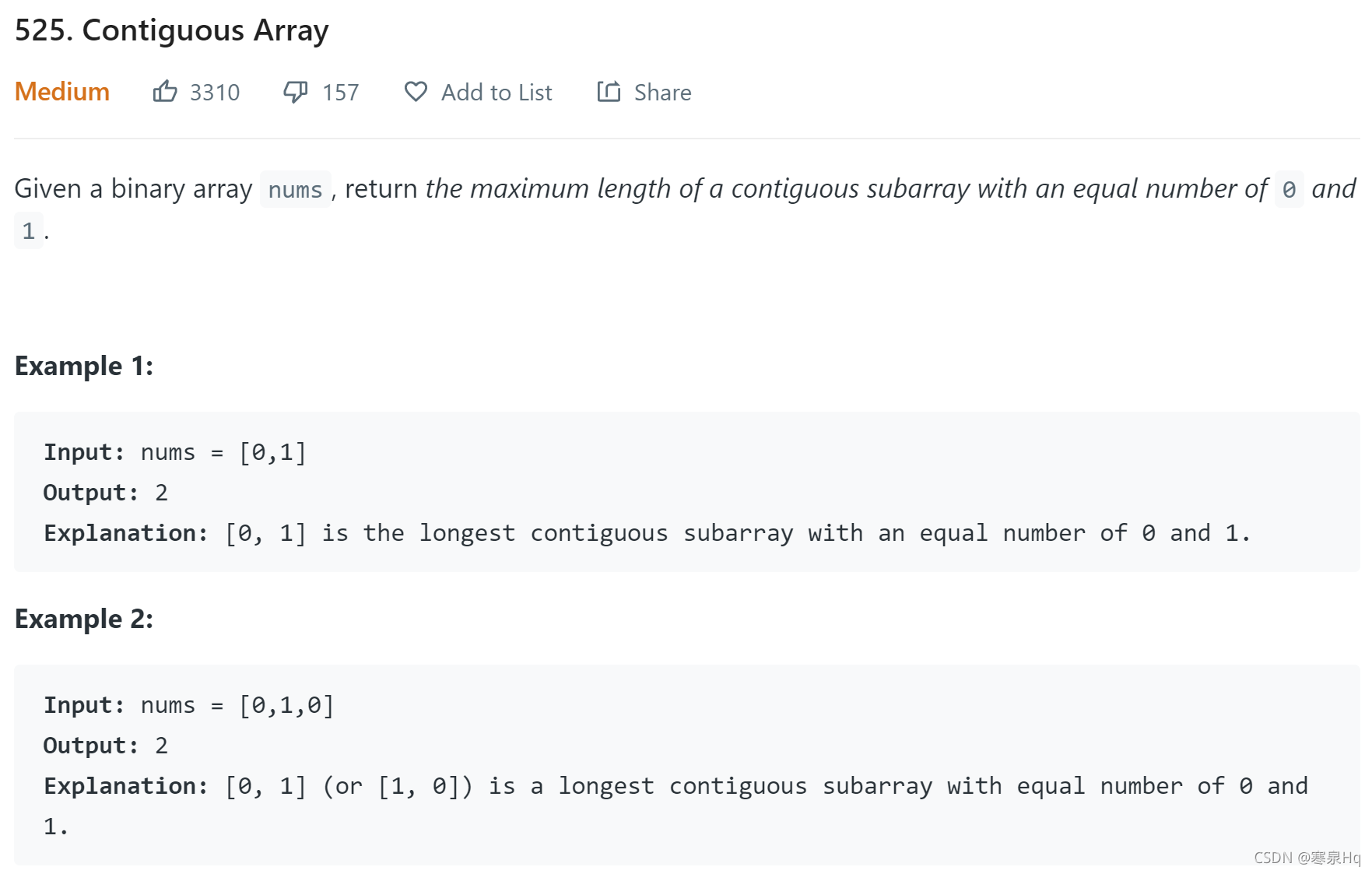 leetcode 525. Contiguous Array | 525. 连续数组(Java)_leetcode525-CSDN博客