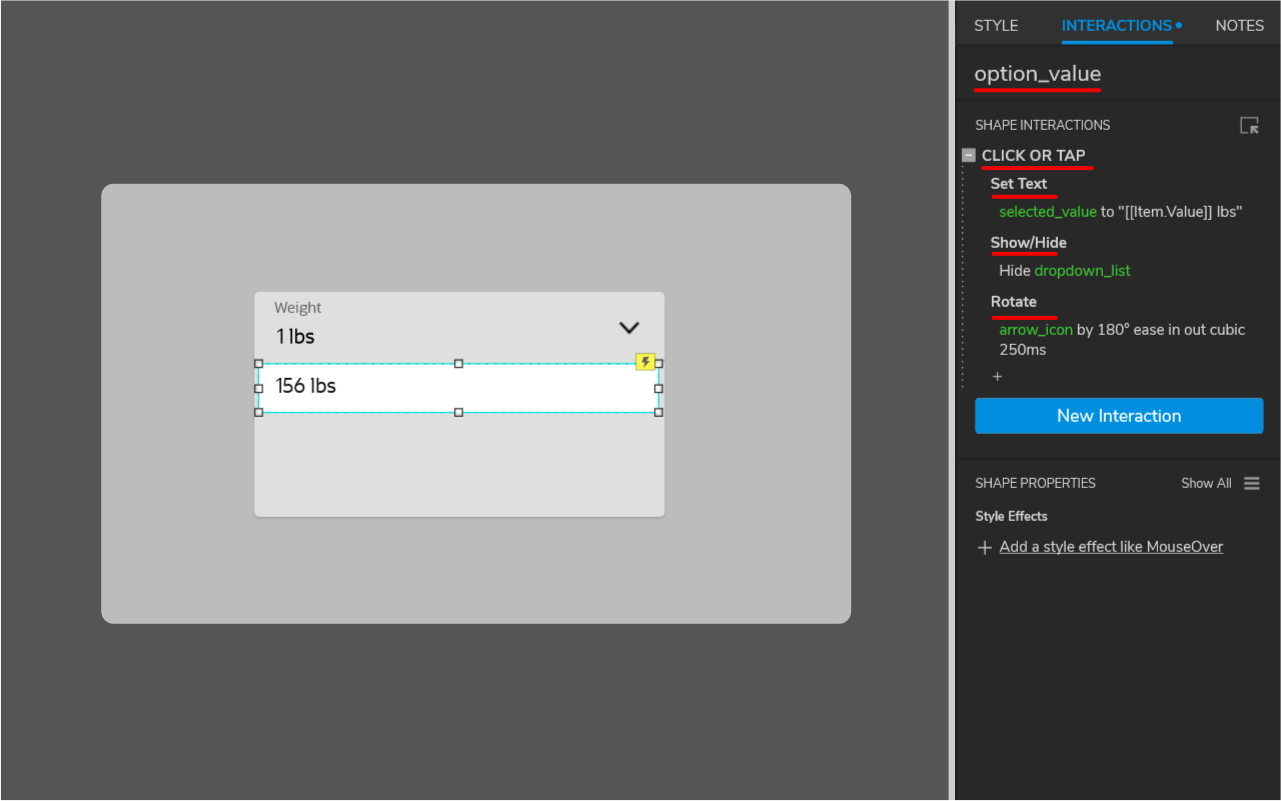 Axure — dropdown menu — interactivity (option value)