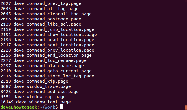 Files sorted by size in a terminal window