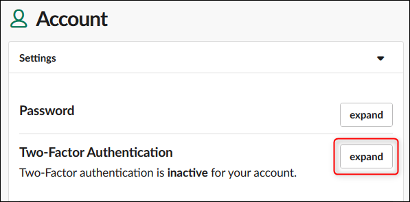 The two-factor authentication settings "expand" button