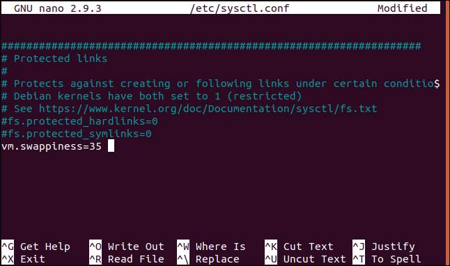 The /etc/sysctl.conf in the nano editor in a terminal window