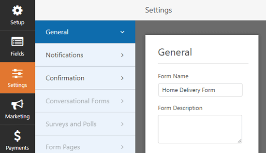 The 'Settings' tab in WPForms