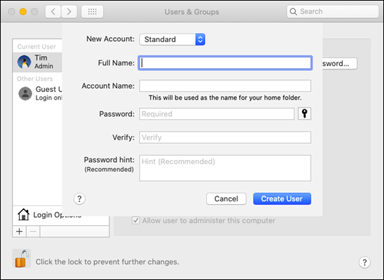 The "Users & Groups" form in "System Preferences" on a Mac.