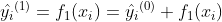 \hat{y_{i}}^{(1)}=f_{1}(x_{i})=\hat{y_{i}}^{(0)}+f_{1}(x_{i})