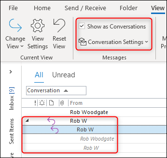 Outlook's "Conversation View" working correctly.