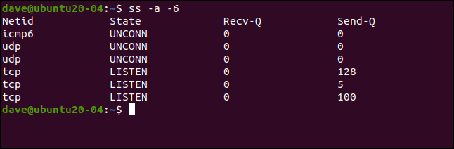 ss -a -6 in a terminal window.