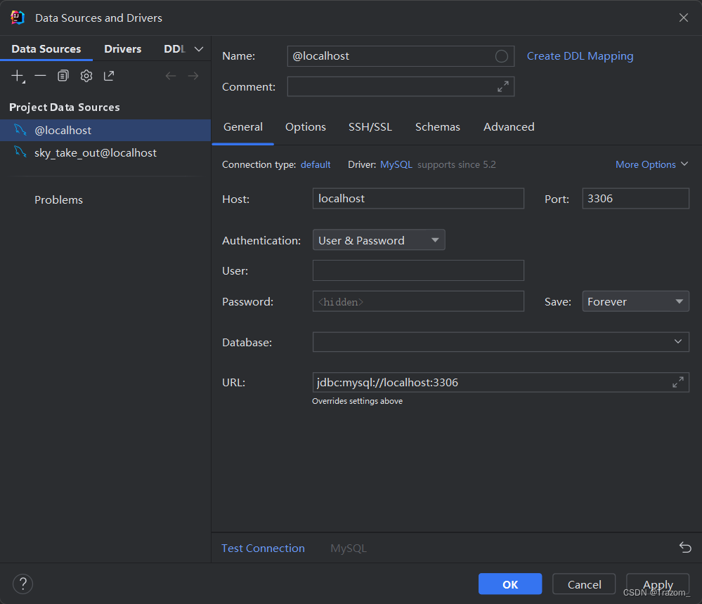然后填写相关信息,Database记得是配置文件里的数据库名称,不是MySQL图形化界面里数据库名字