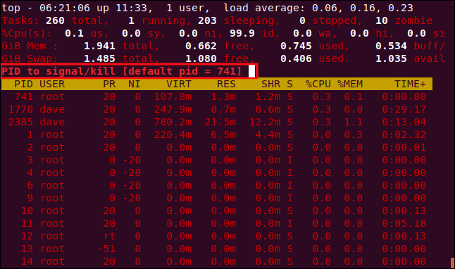 top showing a light red prompt, in a terminal window.