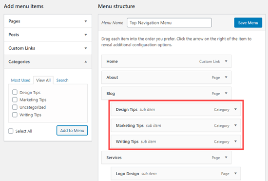 Putting the categories under the 'Blog' menu item