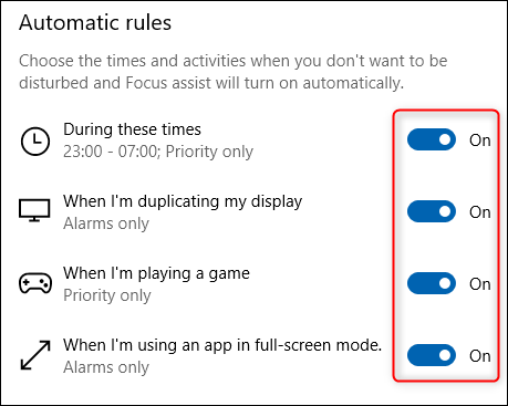 The "Automatic rules" section of Focus Assist.