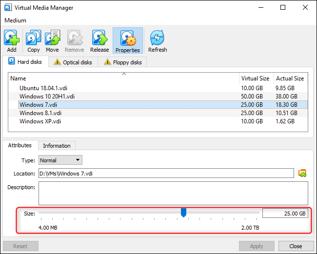 Resizing a virtual disk graphically in VirtualBox