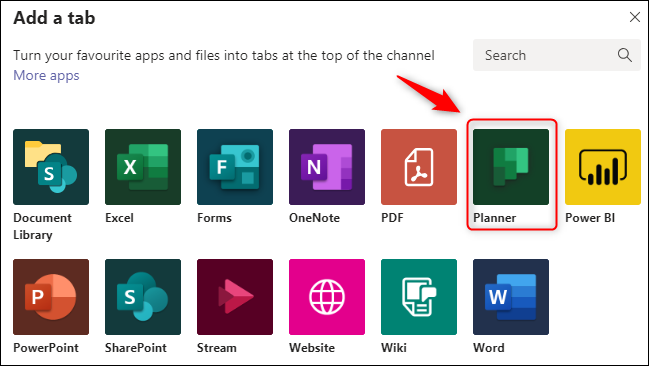 The "Add a tab" window with the Planner option highlighted.