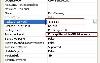 鼠标在DataCleaning.dtsx右键属性打开窗口：选择EncryptSensitiveWithPassword 并且设置密码