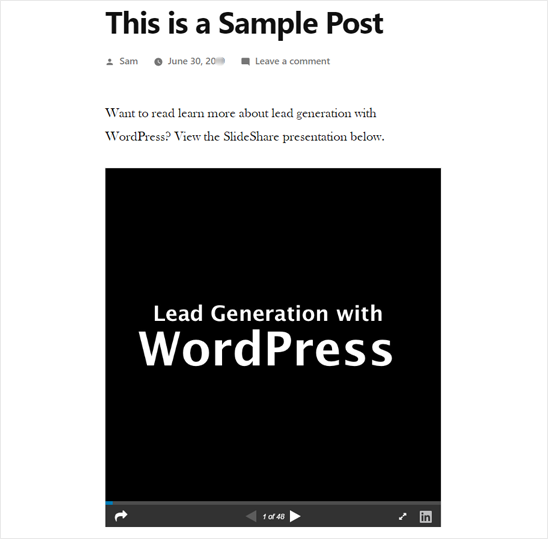 SlideShare Presentation Added in WordPress - Preview