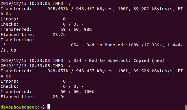 rclone output in a terminal window