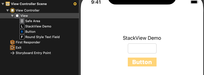 A screenshot of a storyboard ViewController that has a label, text field, and a button.