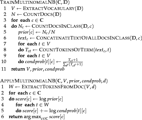 \begin{figure}\begin{algorithm}{TrainMultinomialNB}{\mathbb{C},\docsetlabeled} V... ...OR}\\ \RETURN{\argmax_{c \in \mathbb{C}} score[c]} \end{algorithm} \end{figure}