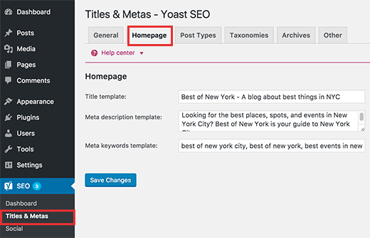homepage keywords and description