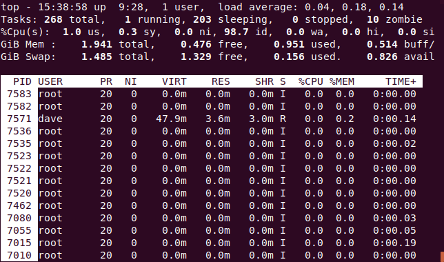 top with the process listed sorted by the PID column, in a terminal window.