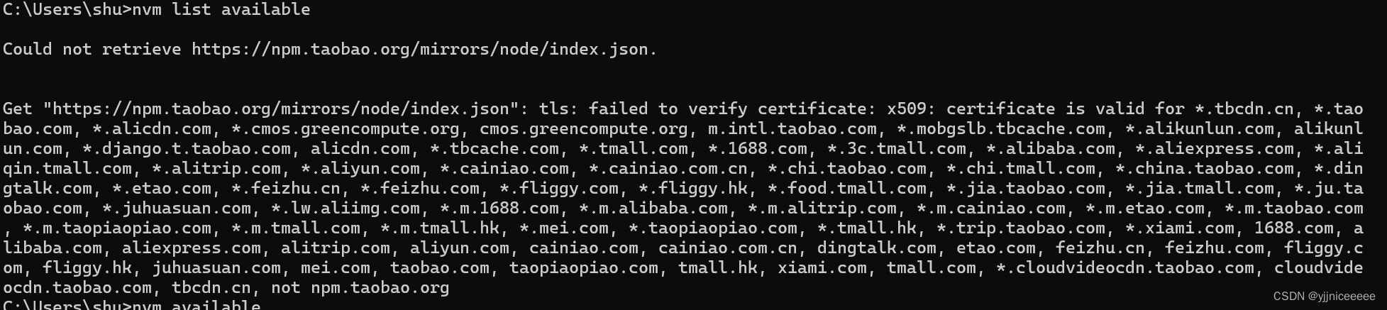 报错：Could not retrieve https://npm.taobao.org/mirrors/node/index.json ...