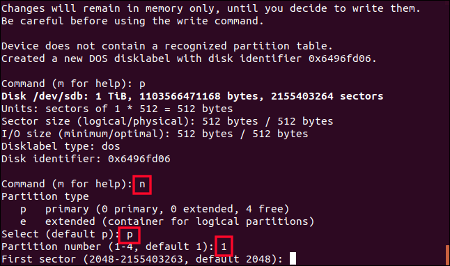 creating a partition with fdisk in a terminal window