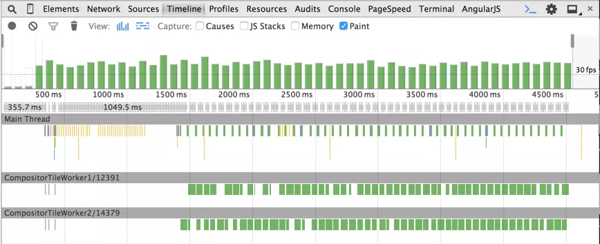 DevTools Timeline during the animation with left and top