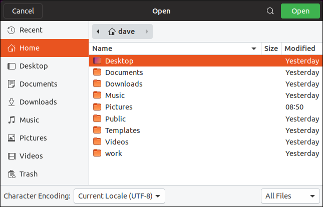 gedit file open dialog