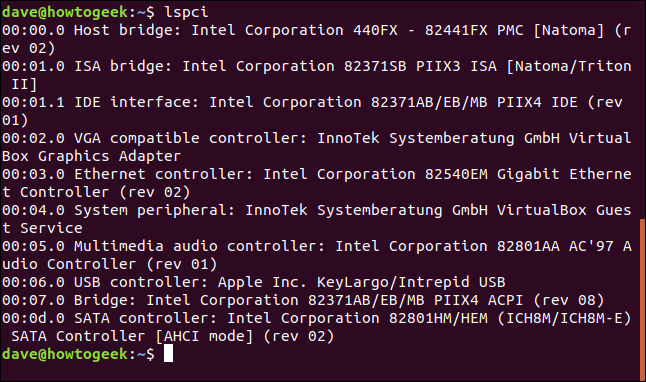 lspci output in a terminal window