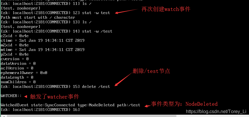 再次设置watch事件，删除时，事件类型为：NodeDeleted