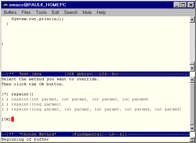 Screen shot showing dialog         buffer for selecting method.