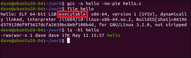 gcc -o hello -no-pie hello.c in a terminal window.