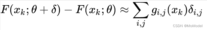 [外链图片转存失败,源站可能有防盗链机制,建议将图片保存下来直接上传(img-GAHZRaF8-1603763622438)(https://cdn.nlark.com/yuque/__latex/403f6f6ca4fe212b7fcd52277fbe8d47.svg#card=math&code=F%28x_k%3B%20%5Ctheta%20%2B%20%5Cdelta%29%20-%20F%28x_k%3B%20%5Ctheta%29%20%5Capprox%20%20%5Csum_%7Bi%2C%20j%7Dg_%7Bi%2C%20j%7D%28x_k%29%5Cdelta_%7Bi%2Cj%7D&height=42&width=289)]