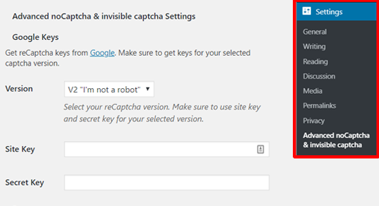 Advanced noCaptcha & invisible Captcha (v2 & v3) Settings