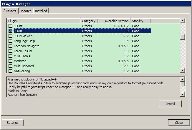 2、点击 Install 下载并安装,安装完后自动重启NotePad++。