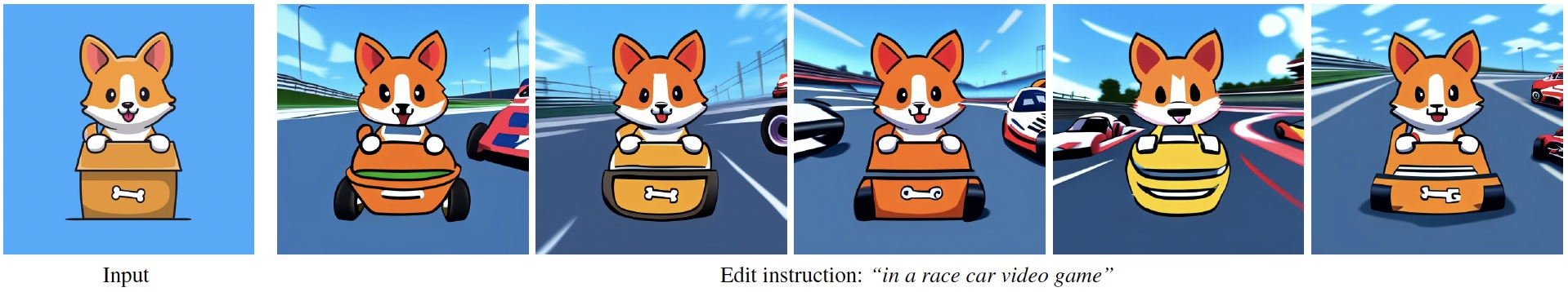 By varying the latent noise, our model can produce many possible image edits for the same input image and instruction