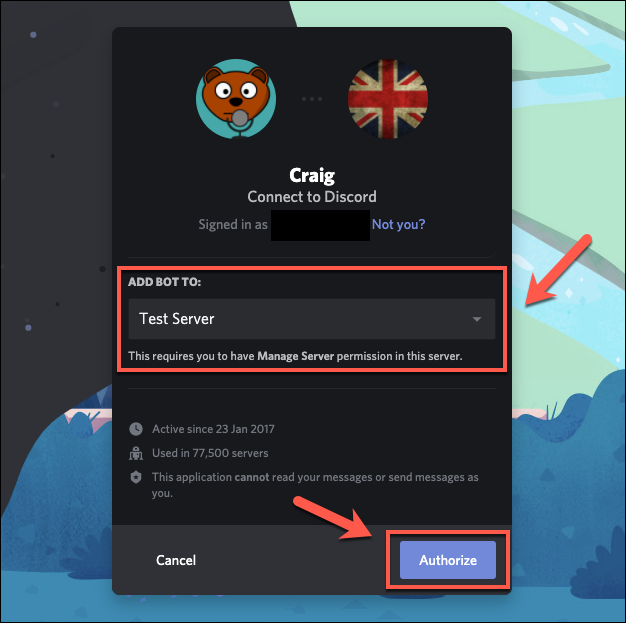 Select your Discord server, then press Authorize for the Craig bot to join your server