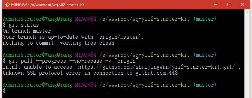 fatal: unable to access 'https://github.com/shuijingwan/yii2-starter-kit.git/': Unknown SSL protocol error in connection to github.com:443