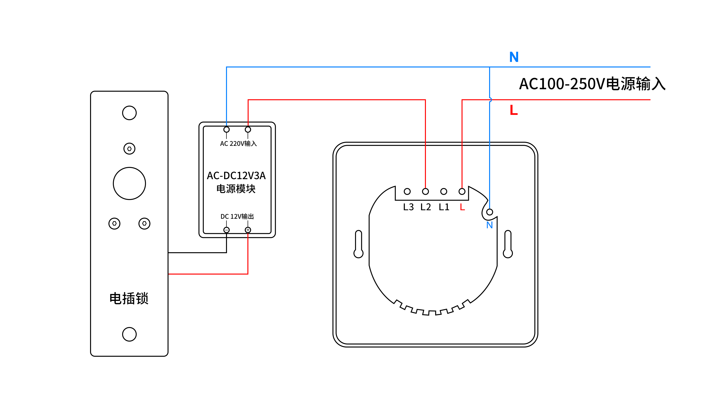 智能wifi触摸墙壁出门开关接线示意图产品尺寸走线示意* 接线前请