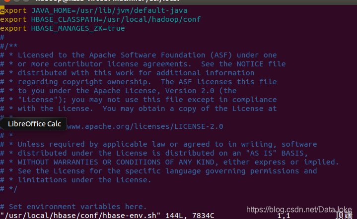 （配置JAVA_HOME，“export JAVA_HOME=/usr/lib/jvm/java-7-openjdk-amd64export HBASE_CLASSPATH=/usr/local/hadoop/conf export HBASE_MANAGES_ZK=true”）