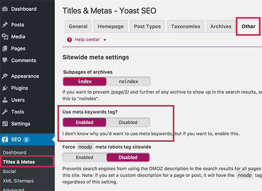 Enable meta keywords
