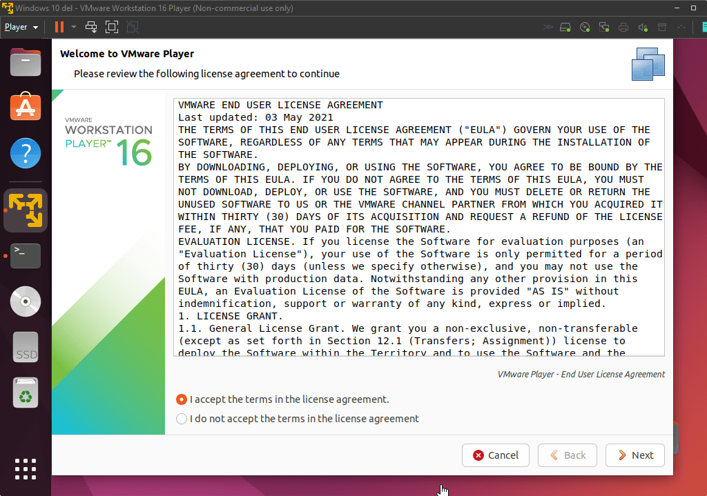 Accept terms and conditions Vmware