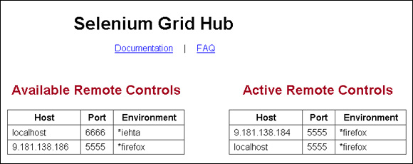 Selenium Grid Hub控制台的屏幕快照，显示了两个可用的遥控器和两个活动的遥控器