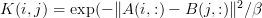 K(i,j)=\exp(-\|A(i,:)-B(j,:)\|^2/\beta 
