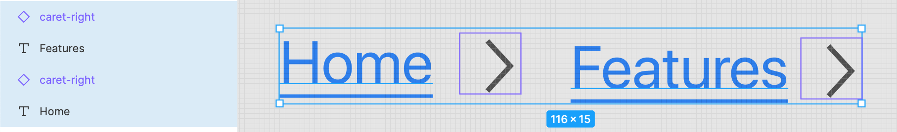 Showing the four layers in the layers panel, left, and how they look in the main stage editor, right, in Figma.