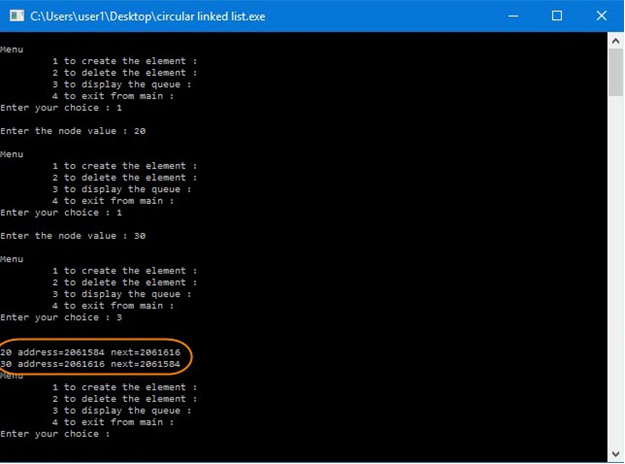 Program Outptut for Circular Linked List in C