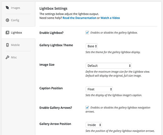 Lightbox settings