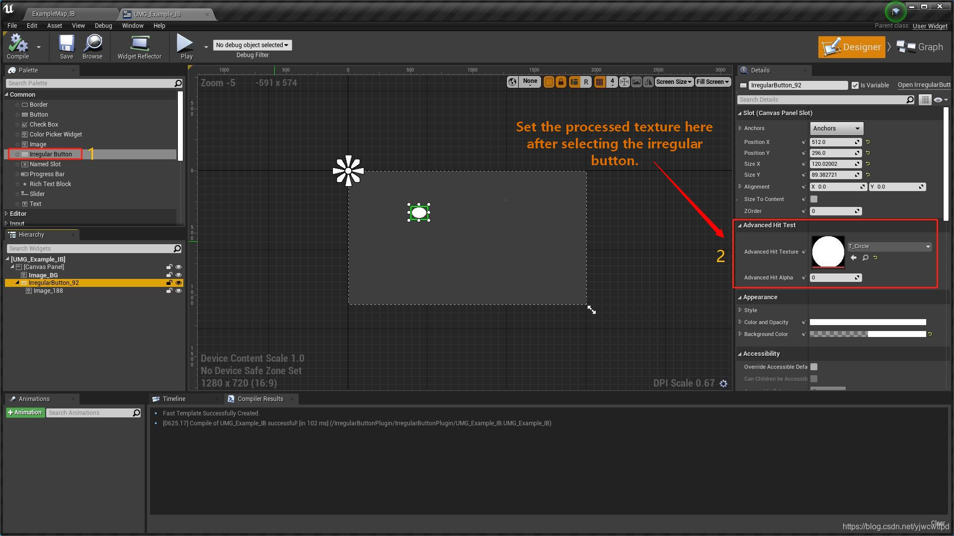 通用面板中,将不规则按钮拖拽到设计视图中,然后将AdvancedHitTest选择之前我们调整过压缩设置的贴图