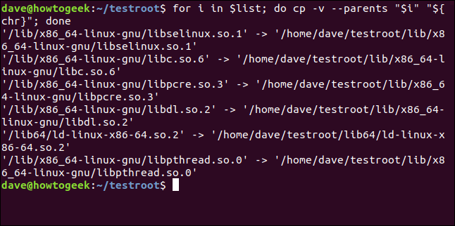 Output from the cp loop copying the ls dependencies in a terminal window